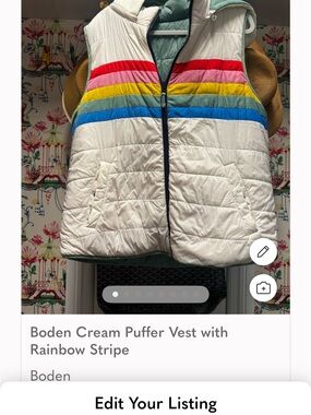 Boden Reversible Cream Puffer Vest with Red, Pink, Yellow, Blue & Green Stripes